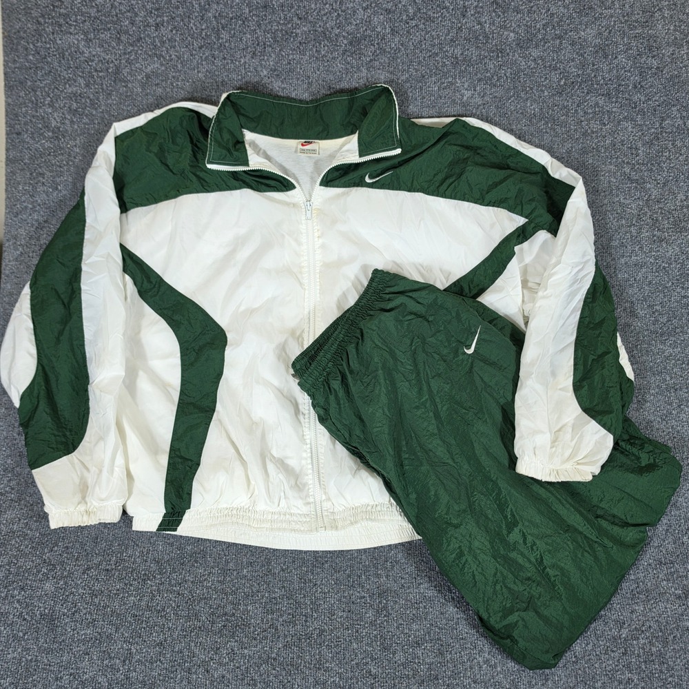 Vintage Nike 90s Tracksuit Jacket Pants Green White Nylon Windbreaker Mens 3XL